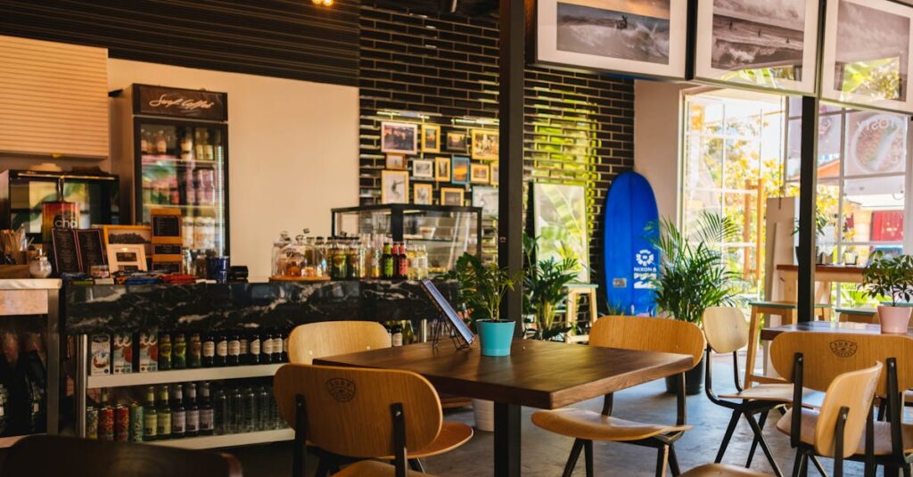 Stylish café interior with modern decor and natural lighting, located in Sochi, Russia.