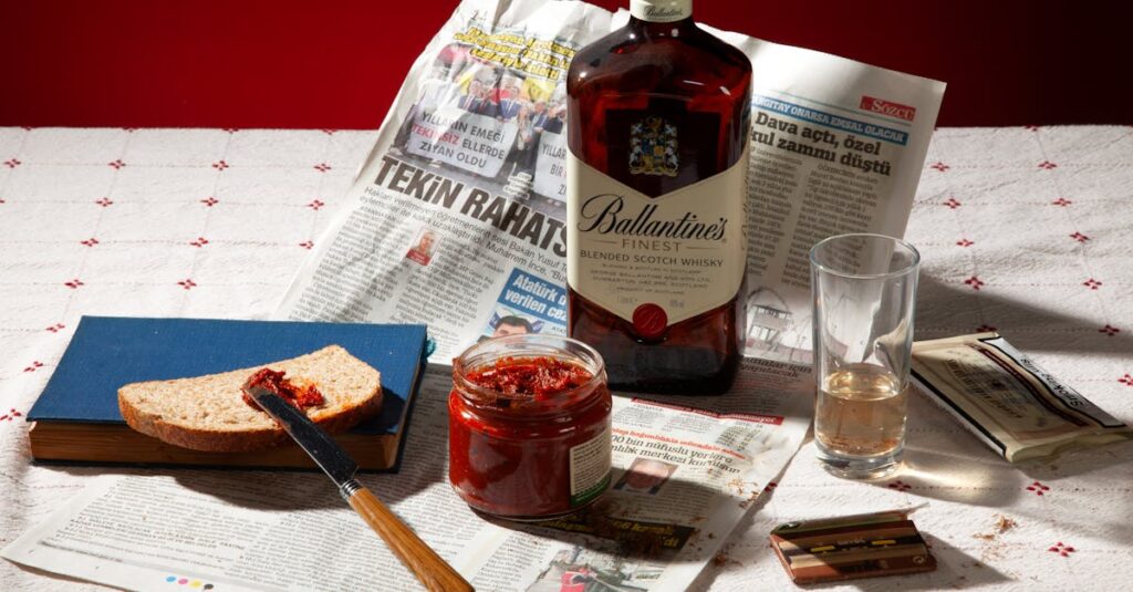 A classic still life featuring whisky, jam, bread, and newspapers on a cloth-covered table.